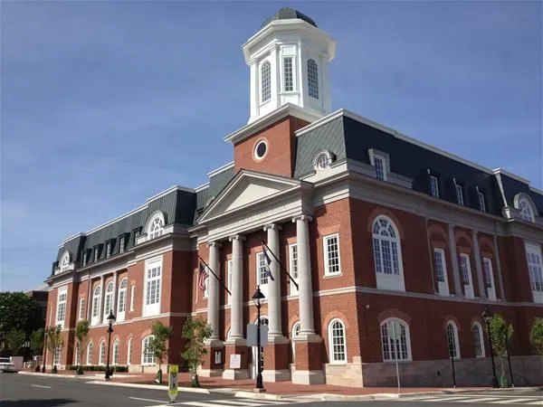 City of Fredericksburg courthouse with white columns and cupola
