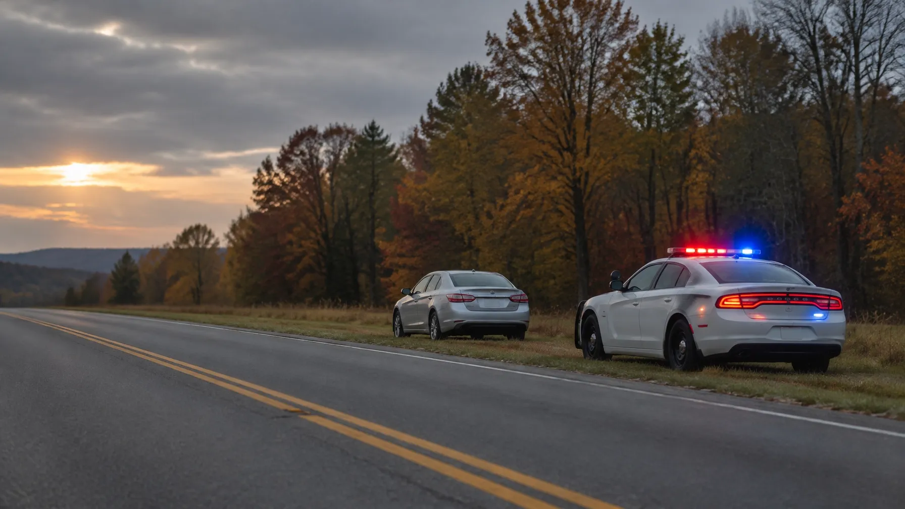 Traffic stop on a Virginia highway at dusk