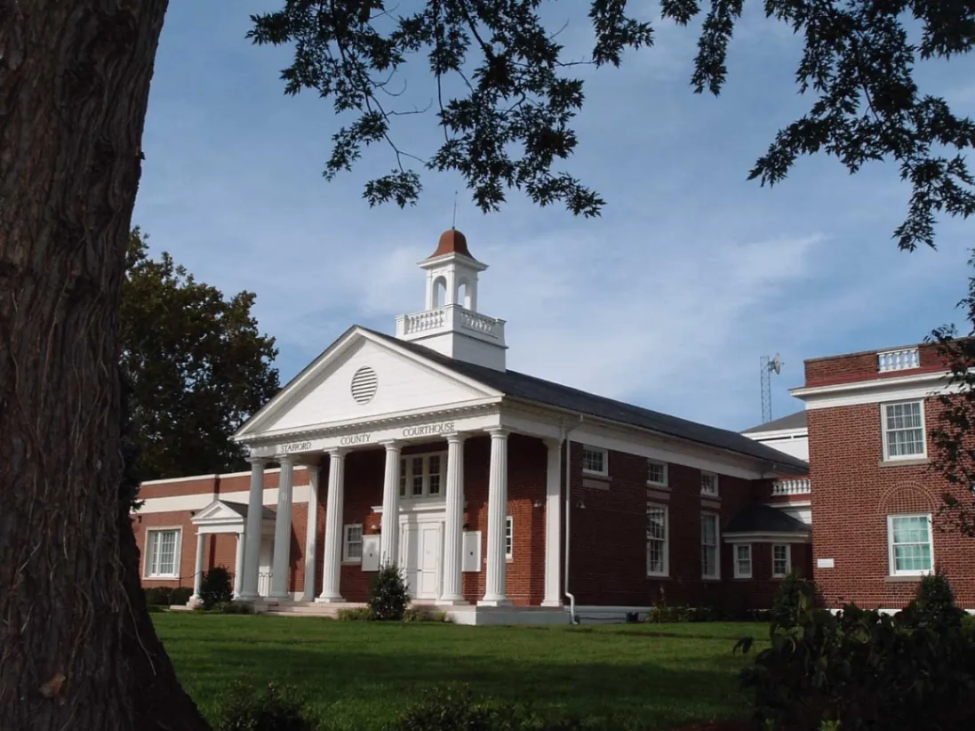 Historic Stafford County courthouse with white columns